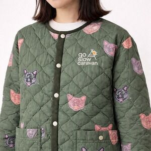 Go Slow Caravan Quilted Cat Print Snap Button Jacket Green